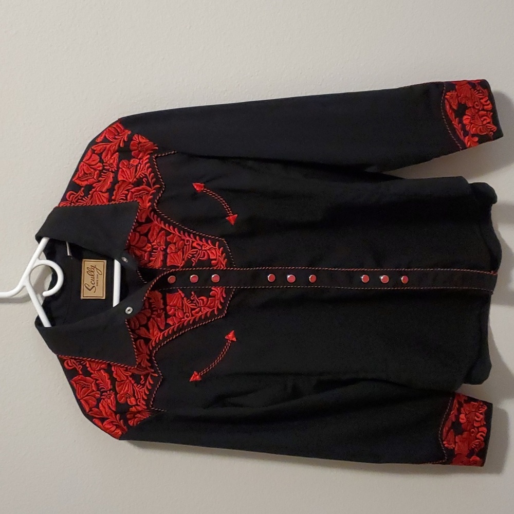 Scully women's western shirt size XXL Black with Intricate Red Embroidery design